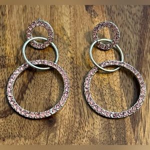 Bebe Silver & Pink Rhinestone Triple Hoop Earrings